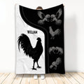 Black and white chicken throw blanket featuring a large rooster and illustrated poultry artwork