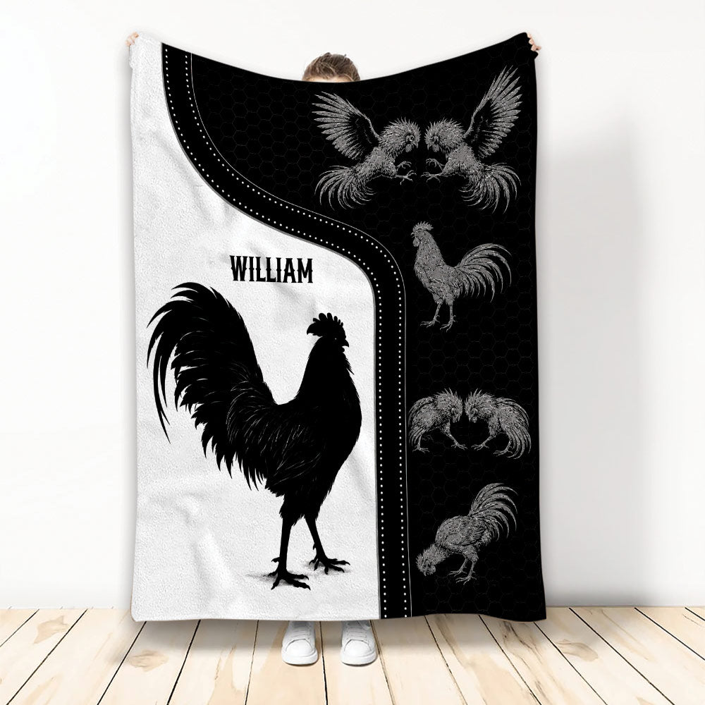 Black and white chicken throw blanket featuring a large rooster and illustrated poultry artwork