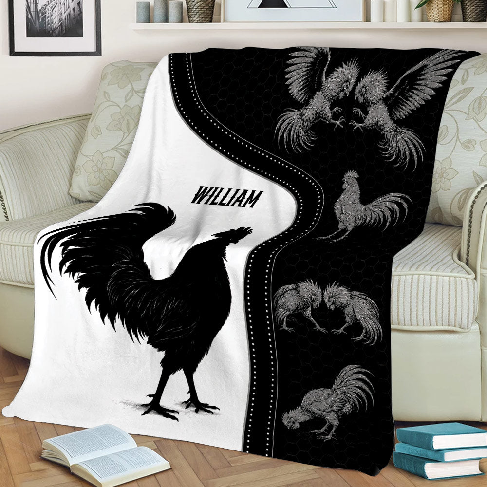 Rooster and chicken throw blanket displayed on a couch in a cozy living room