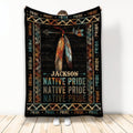 Native American Pride blanket with colorful feathers, arrow motif, geometric borders, and cultural-inspired artwork