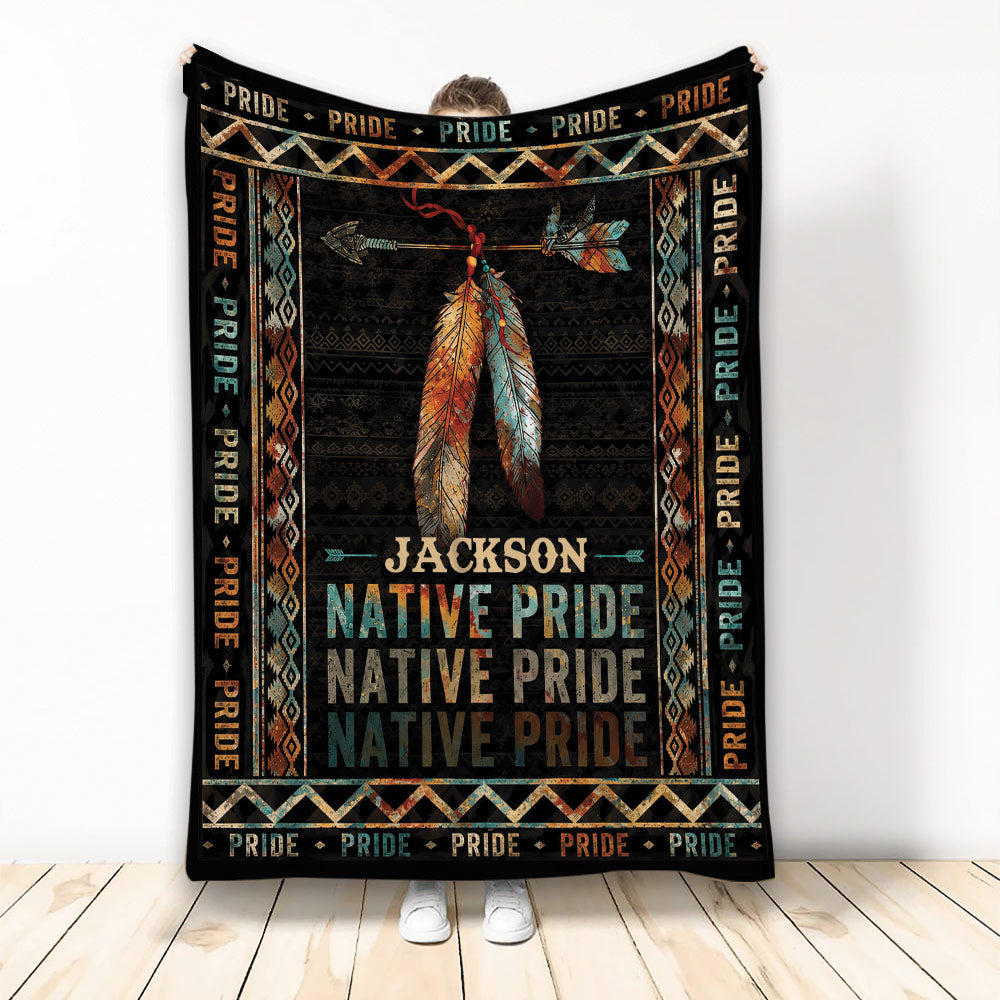 Native American Pride blanket with colorful feathers, arrow motif, geometric borders, and cultural-inspired artwork