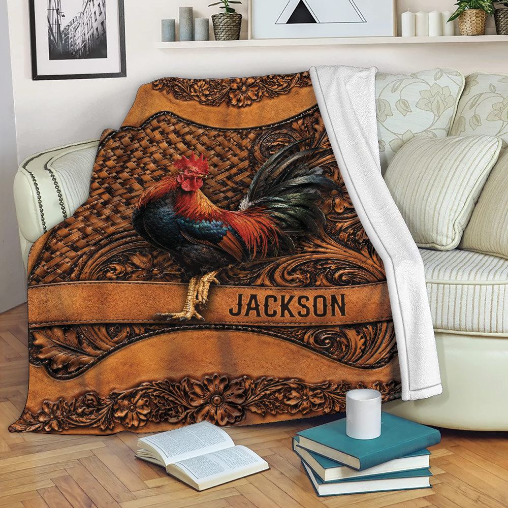 Rustic chicken throw blanket displayed on a sofa with a colorful rooster and ornate brown decorative artwork