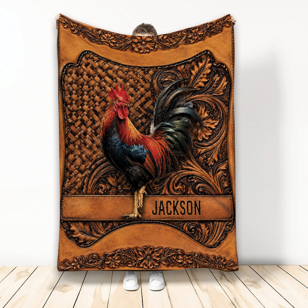 Chicken throw blanket featuring a colorful rooster, ornate brown floral details, and rustic embossed-style artwork