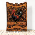 Chicken throw blanket featuring a colorful rooster, ornate brown floral details, and rustic embossed-style artwork