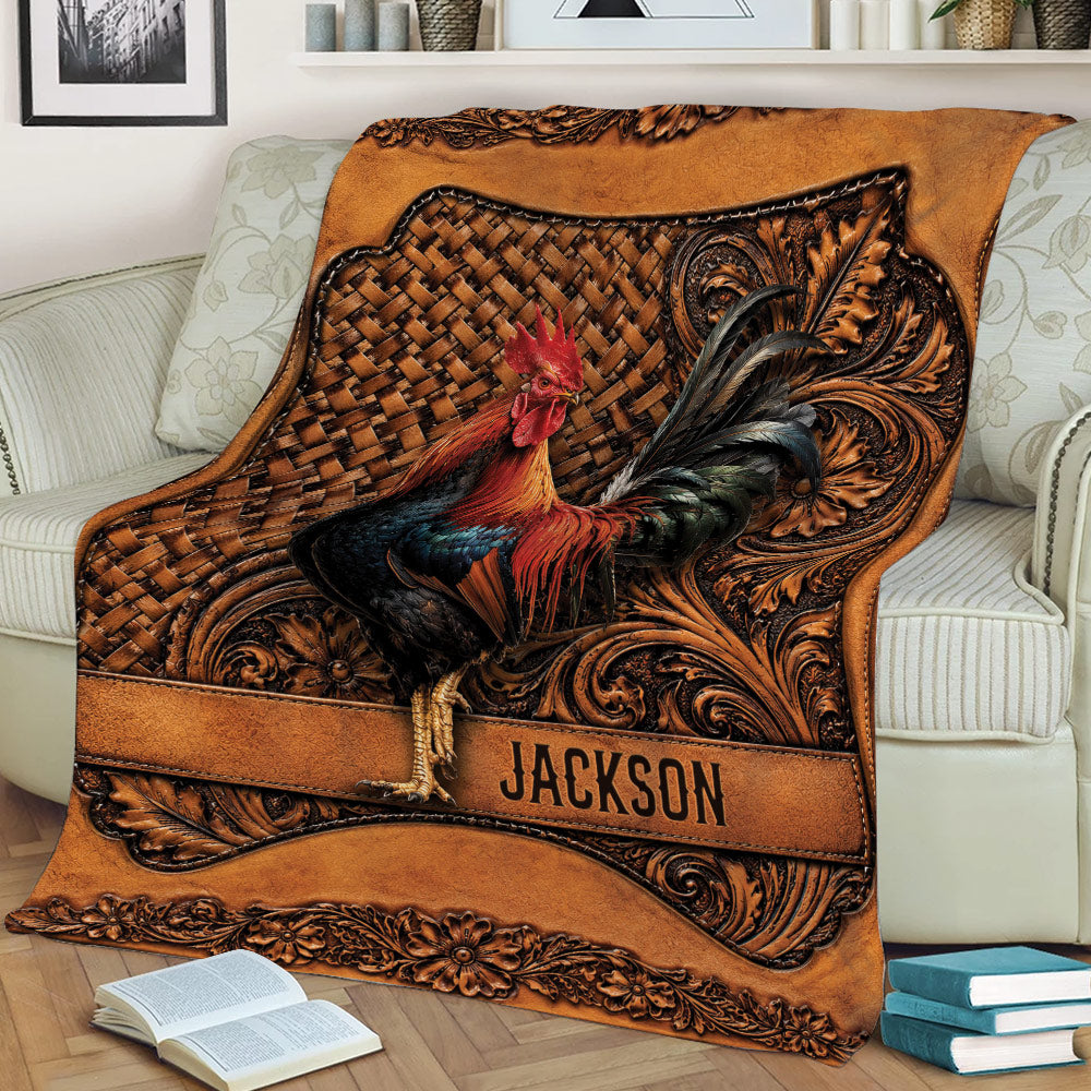 Rooster chicken blanket draped over a couch, featuring rich brown tones, floral ornament, and detailed bird artwork