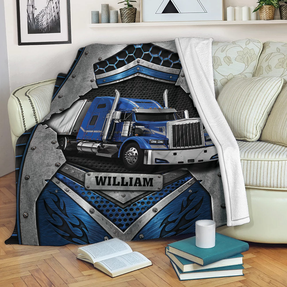 Blue semi truck Trucker Blanket displayed on a couch in a cozy living room setting