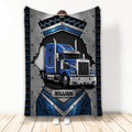 Custom Trucker Blanket featuring a blue semi truck with bold black, silver, and blue industrial artwork