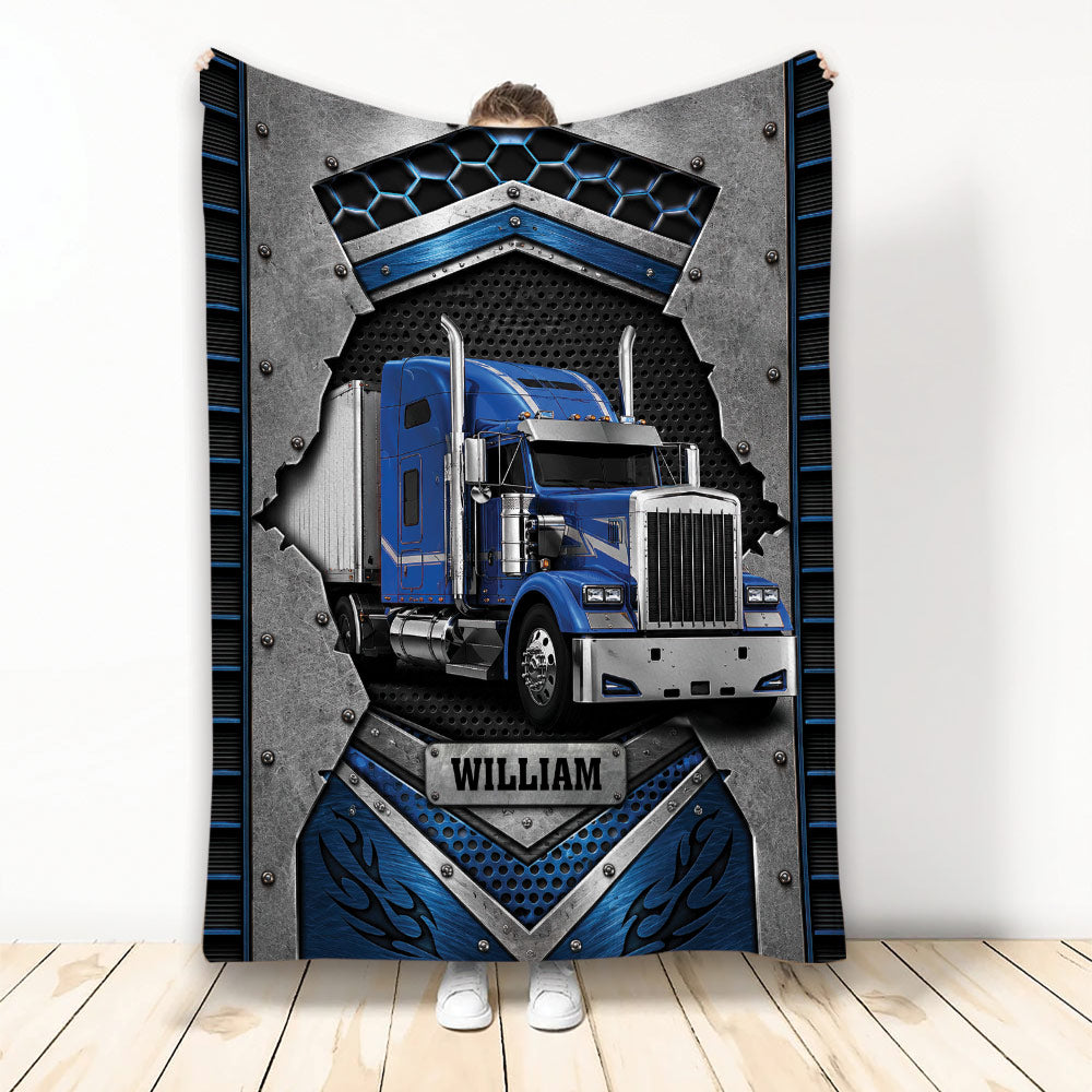 Custom Trucker Blanket featuring a blue semi truck with bold black, silver, and blue industrial artwork