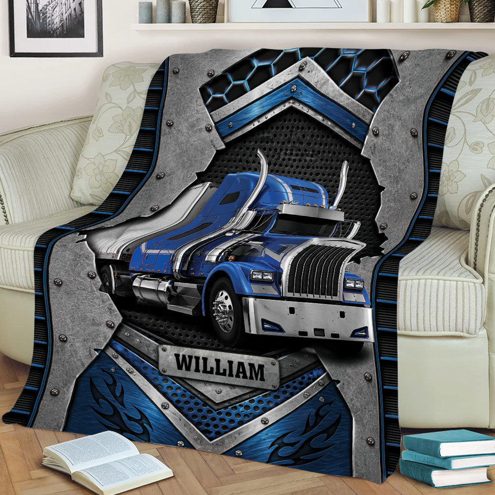 Close view of a blue semi truck Throw Blanket with metallic panels and bold automotive artwork