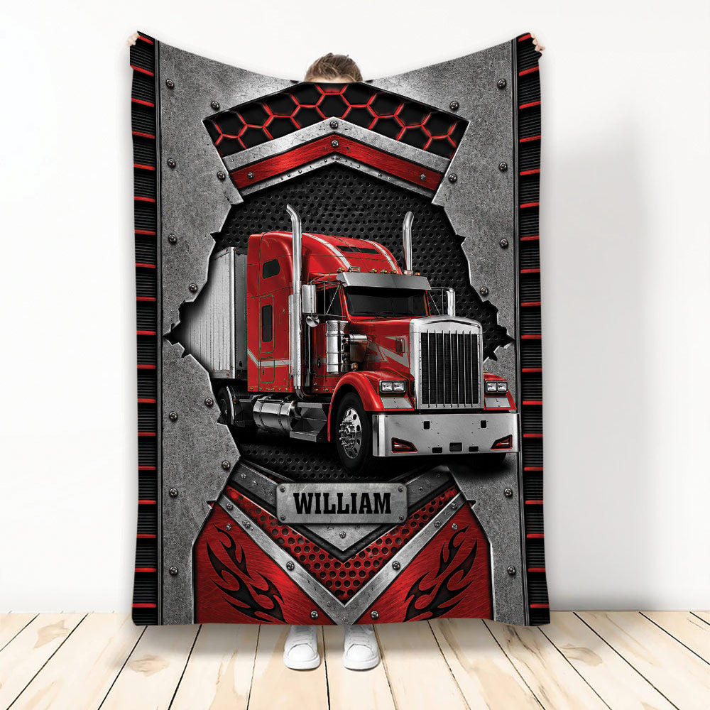 Custom trucker blanket featuring a red semi truck with rugged metallic and red flame artwork