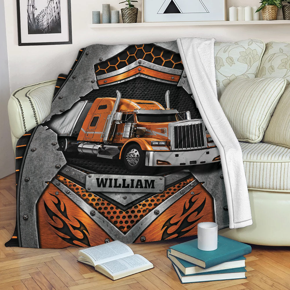 Orange semi-truck Trucker blanket displayed across a sofa in a cozy living room
