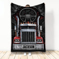 Trucker throw blanket featuring a red semi truck, chrome grille, dashboard, and rugged black artwork