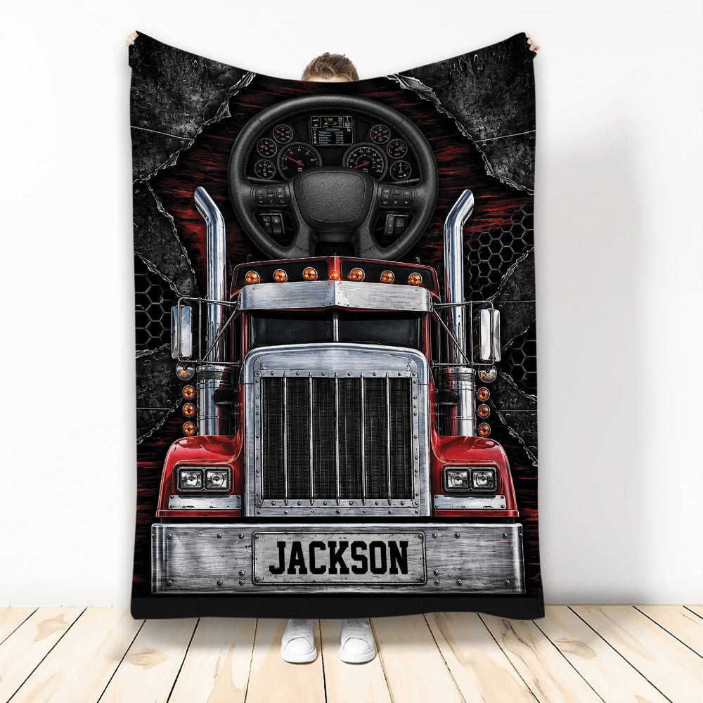 Trucker throw blanket featuring a red semi truck, chrome grille, dashboard, and rugged black artwork