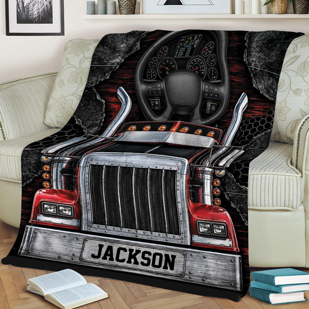 Close lifestyle view of a trucker blanket with detailed semi truck grille, cab, dashboard, and chrome accents