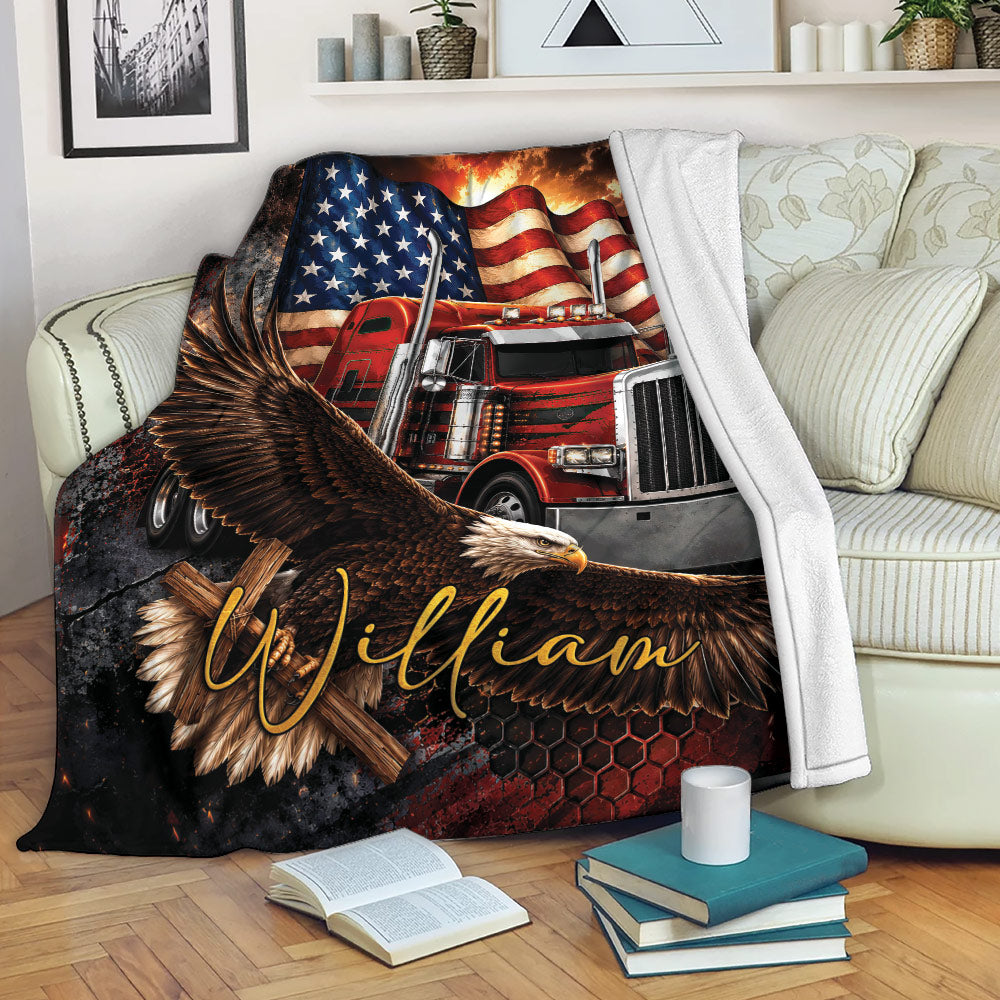 Trucker Throw Blanket Draped on a Sofa with Red Semi Truck and Eagle Design