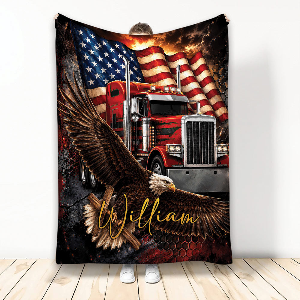 Custom Trucker Blanket with Red Semi Truck, Bald Eagle, and American Flag Artwork