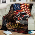 Patriotic Trucker Blanket Displayed on a Couch with Semi Truck and Bald Eagle Artwork