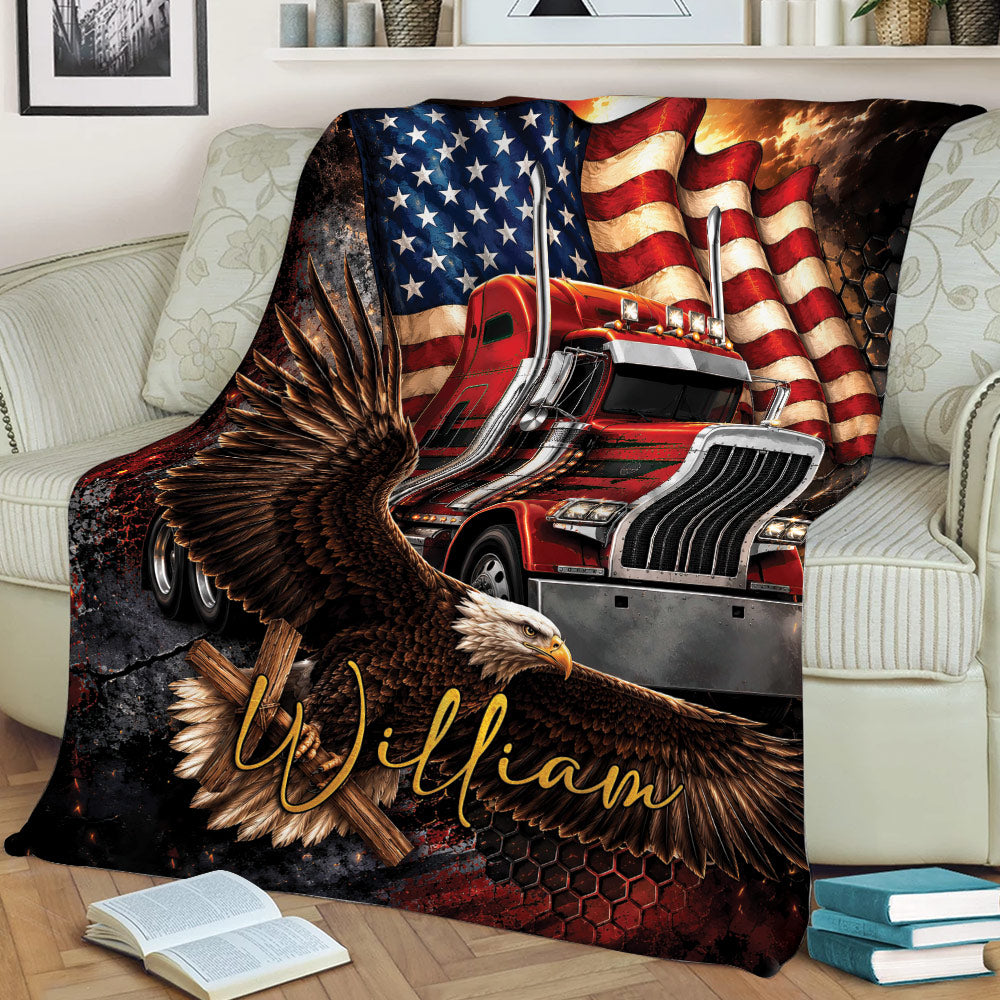 Patriotic Trucker Blanket Displayed on a Couch with Semi Truck and Bald Eagle Artwork
