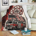 Firefighter blanket displayed on a sofa with a fire department emblem, fire truck, and American flag design