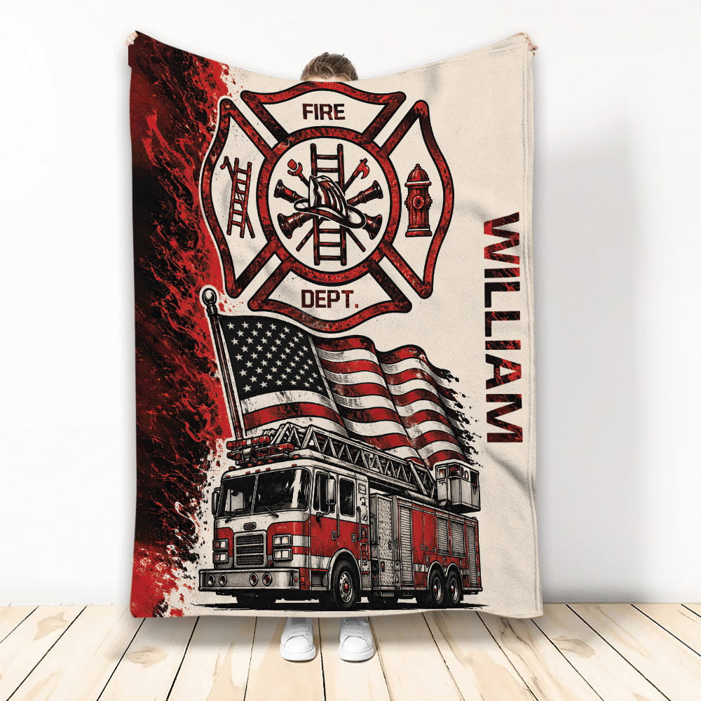 Firefighter throw blanket featuring a fire department emblem, fire truck, American flag, and red black artwork