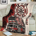 Firefighter throw blanket draped over a couch with vintage-style fire truck and patriotic firefighting artwork