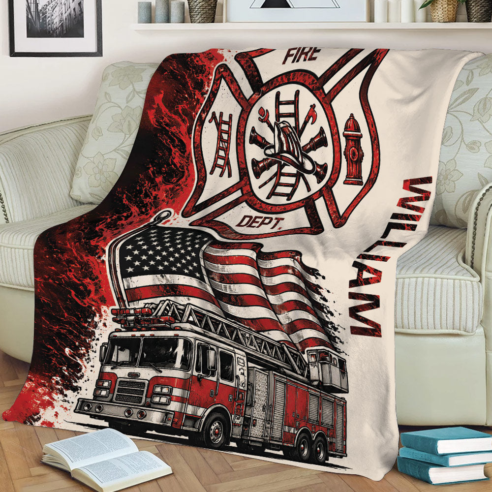 Firefighter throw blanket draped over a couch with vintage-style fire truck and patriotic firefighting artwork