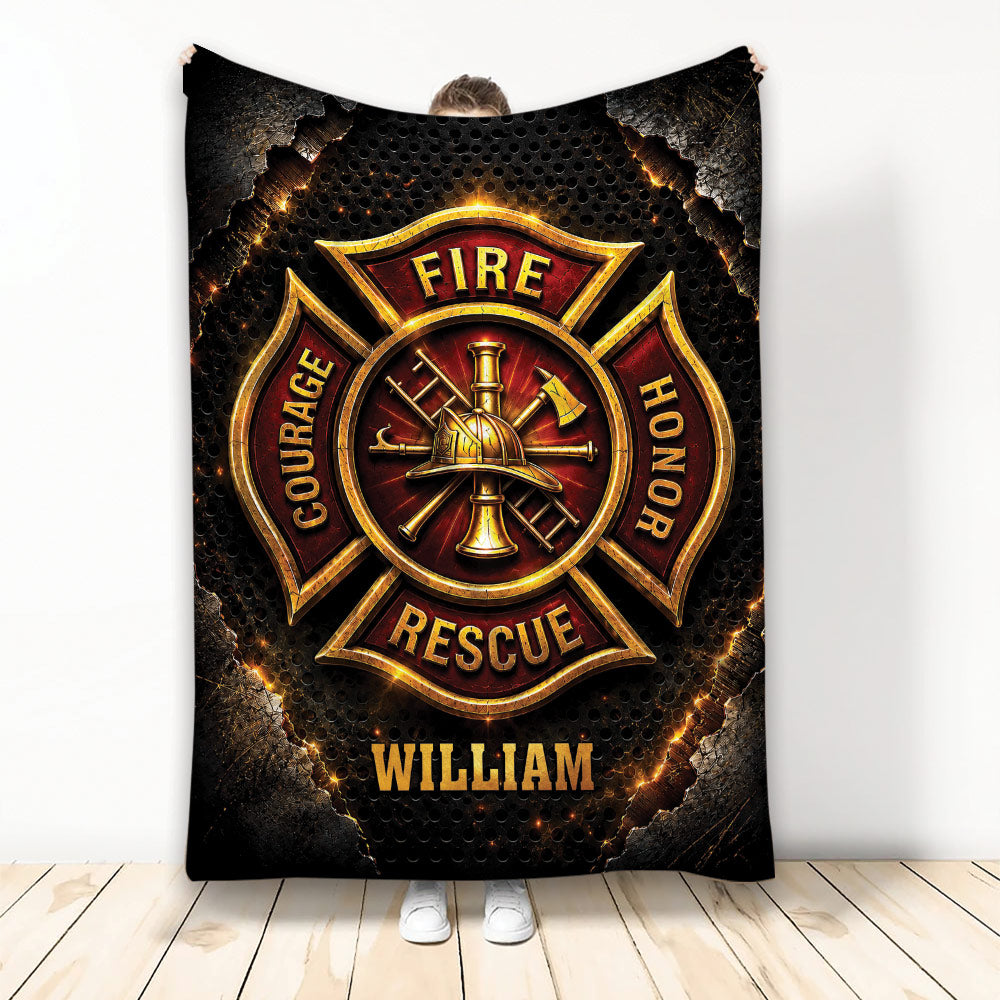 Firefighter throw blanket displayed with a bold fire service emblem, firefighting tools, and metallic red and gold artwork