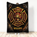 Firefighter throw blanket displayed with a bold fire service emblem, firefighting tools, and metallic red and gold artwork
