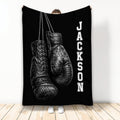 Black boxing throw blanket featuring detailed leather boxing gloves and bold monochrome sports artwork