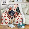 Patriotic chicken throw blanket draped over a sofa with a detailed rooster design and red blue artwork