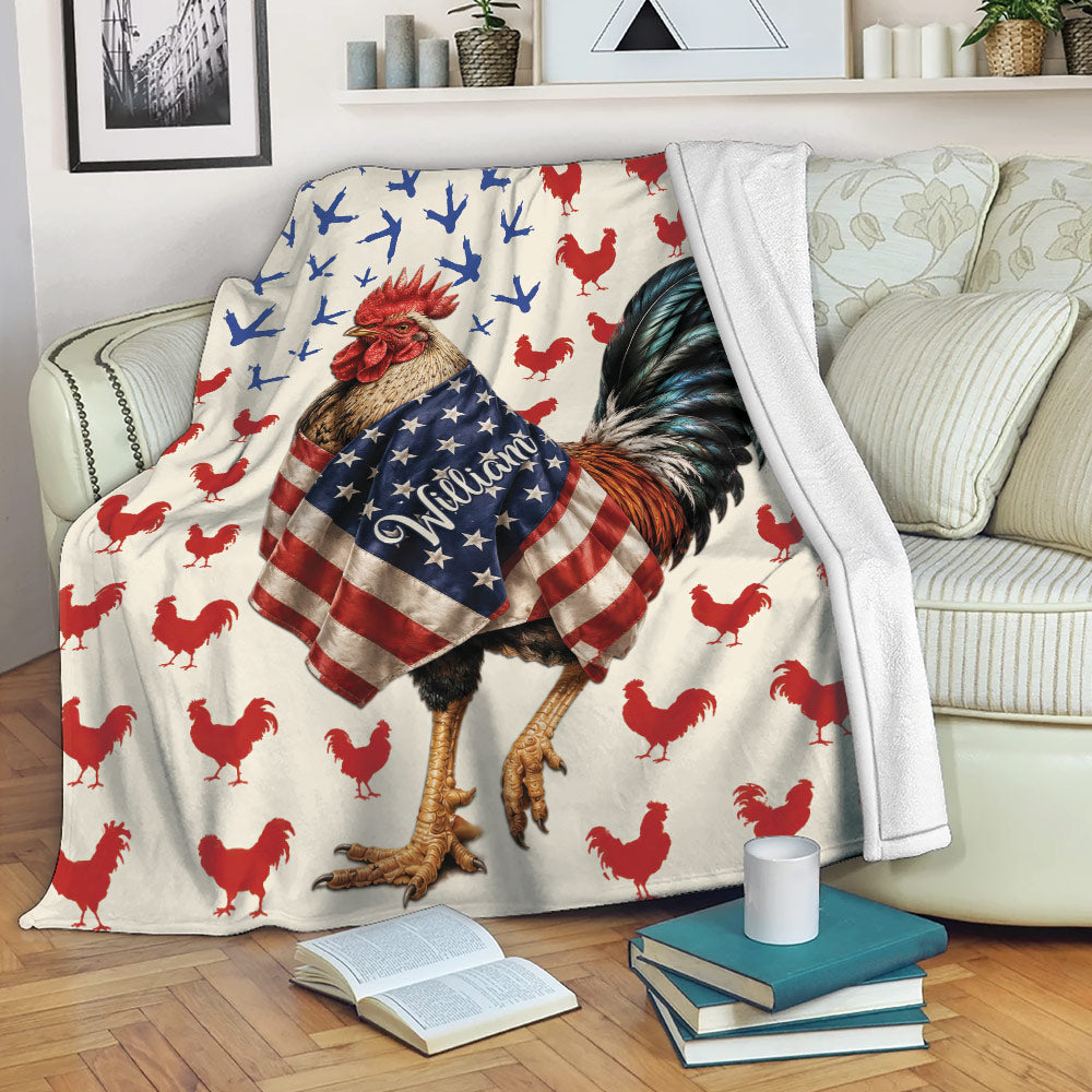 Patriotic chicken throw blanket draped over a sofa with a detailed rooster design and red blue artwork