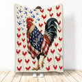 Chicken throw blanket featuring a detailed patriotic rooster and repeating red and blue rooster pattern