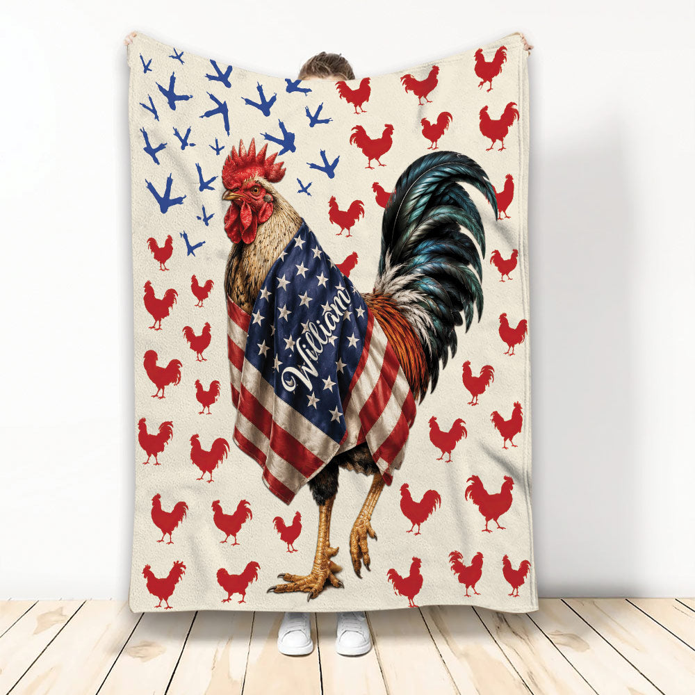 Chicken throw blanket featuring a detailed patriotic rooster and repeating red and blue rooster pattern