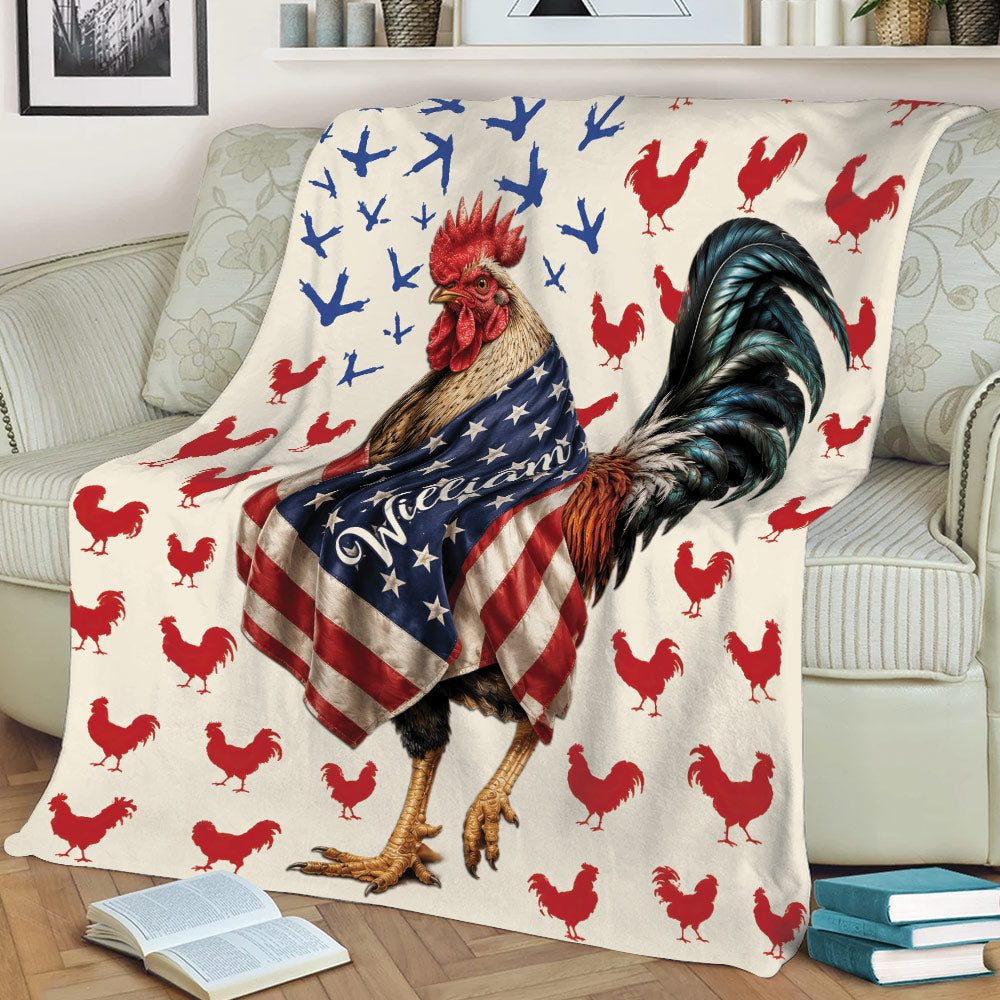 Chicken blanket displayed on a sofa with a large patriotic rooster surrounded by repeating rooster silhouettes