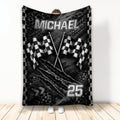 Black and white racing blanket with crossed checkered flags and bold motorsport graphics