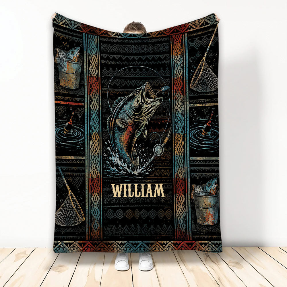 Fishing throw blanket featuring a leaping fish, fishing rod, nets, lures, and rustic geometric artwork