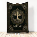 Tree of Life blanket with ornate Celtic knotwork, leafy branches, and dark green and gold artwork