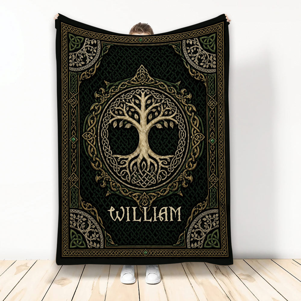 Tree of Life blanket with ornate Celtic knotwork, leafy branches, and dark green and gold artwork