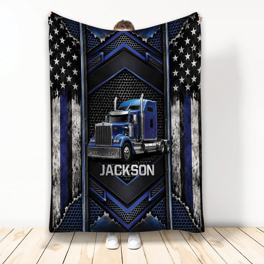 Blue semi-truck Trucker blanket with patriotic stars, bold black and blue graphics, and industrial styling