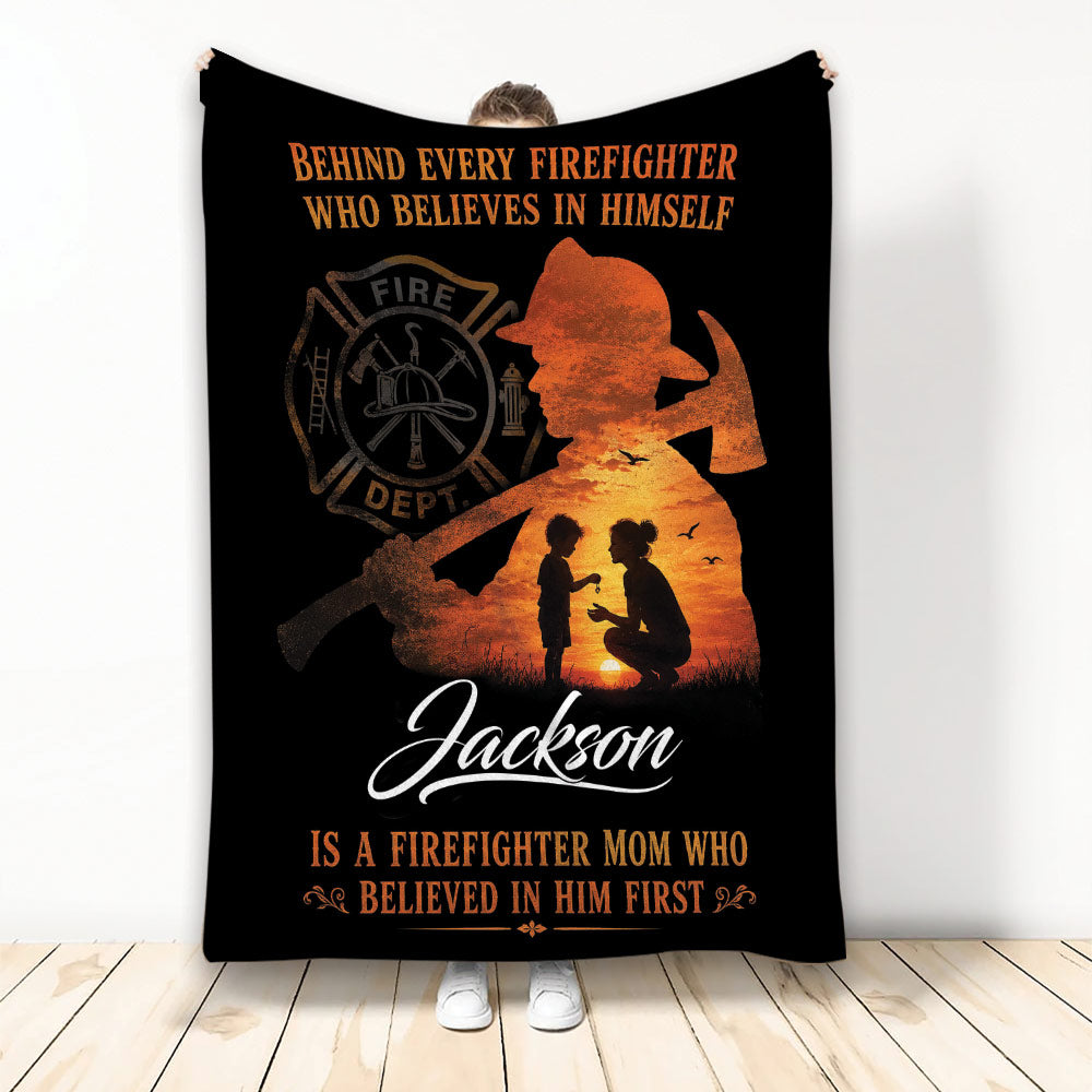 Custom firefighter blanket with a firefighter mother and child silhouette, fire department emblem, and sunset artwork