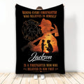 Custom firefighter blanket with a firefighter mother and child silhouette, fire department emblem, and sunset artwork