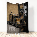 Trucker throw blanket featuring a detailed brown semi truck with industrial black and gold graphics