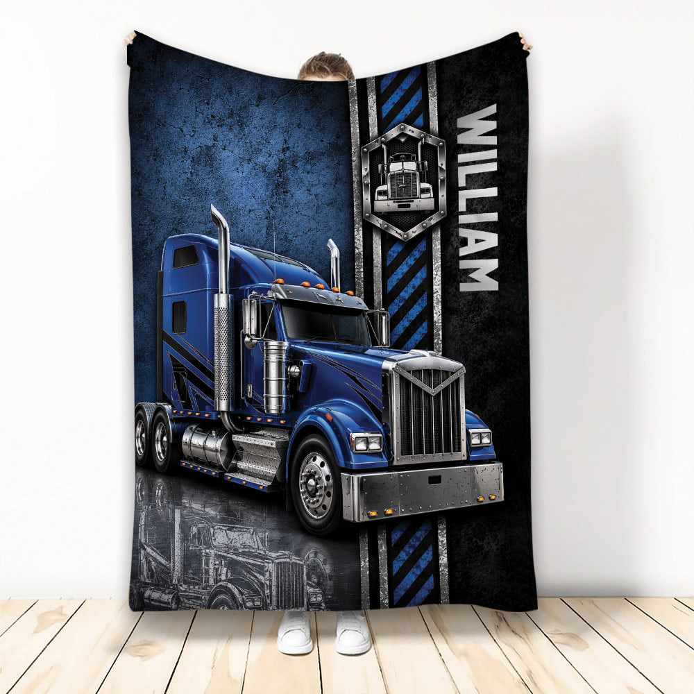 Custom Trucker Blanket with Blue Semi Truck Artwork and Bold Black and Blue Design