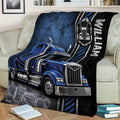 Trucker Throw Blanket Featuring Detailed Blue Semi Truck Artwork on a Sofa