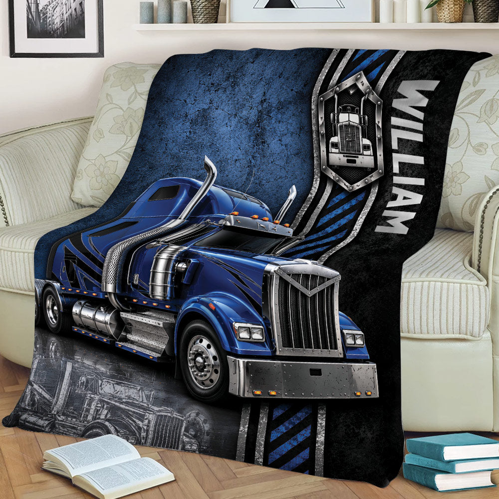 Trucker Throw Blanket Featuring Detailed Blue Semi Truck Artwork on a Sofa