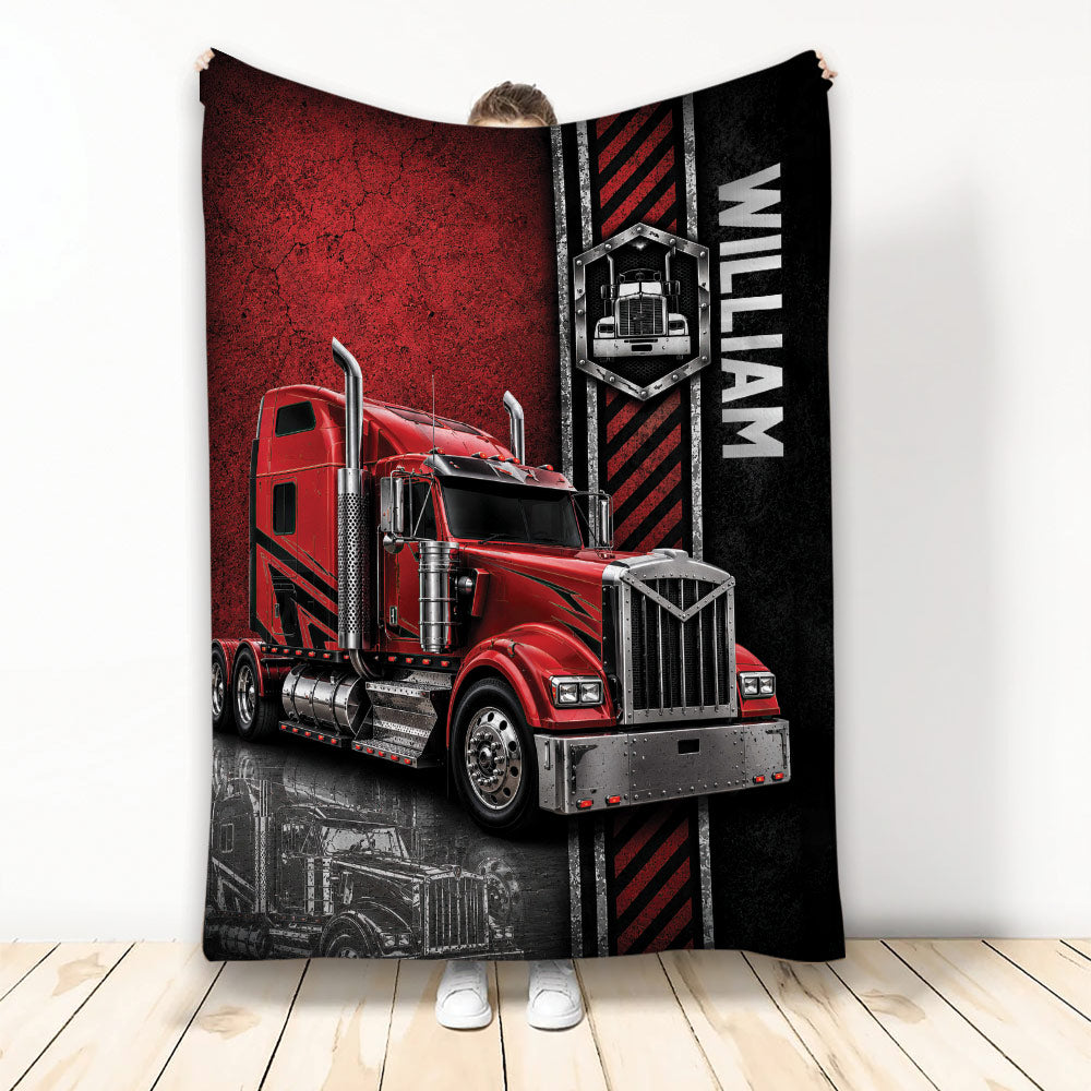 Red semi truck Trucker throw blanket with bold black and red industrial graphics