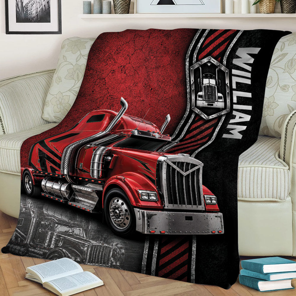 Trucker throw blanket featuring a detailed red semi truck and industrial stripe design