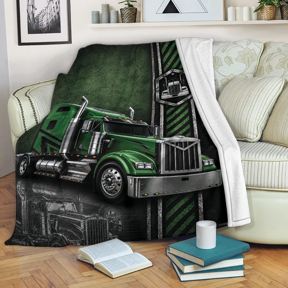 Green semi truck Trucker Blanket draped over a sofa in a cozy living room