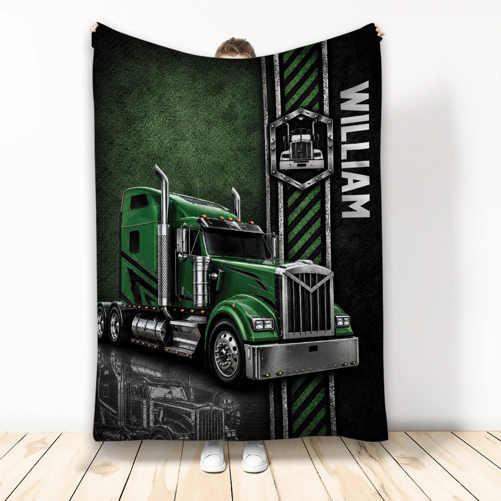Custom Trucker Throw Blanket featuring a green semi truck with bold black and green graphics