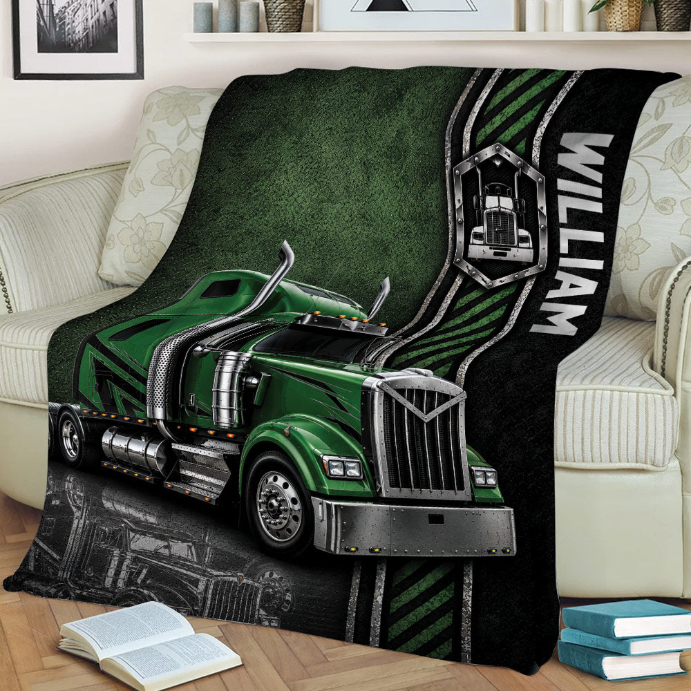Trucker Throw Blanket displayed on a couch with detailed green truck artwork